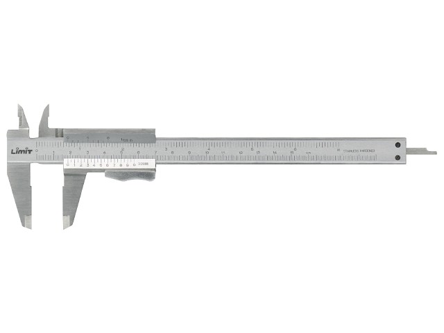 SKJUTMÅTT LIMIT 150 MM Limit 4-funktion. Av rostfritt stål. Helt härdat. Mattförkromad skala. Graderad i mm och eng. tum. Nonieskala för 1/128" och 1/20 mm av 39 mm längd. Försett med djupmått och spetsar för invändig mätning. DIN 862.